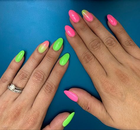 Lime And Pink Nails, Pink And Lime Green Nails, Hot Pink Dip Nails, Pink Dip Nails, Lime Green Nails, Pink Dip, Dip Nails, Dipped Nails, Finger Painting