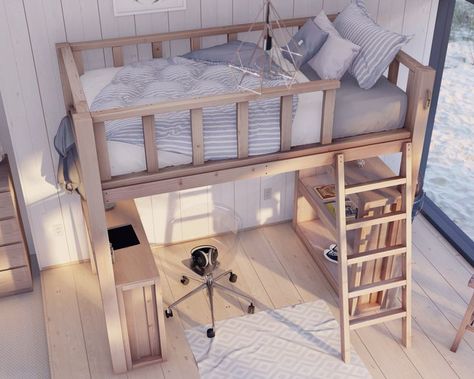 The image shows a loft bed with a desk and shelves. The bed is elevated off the ground and has a ladder leading up to it. The desk is compact and has a chair in front of it. There are books and other items on the shelves and desk. The color of the loft bed is neutral natural wood. The bed is a girls bed. The background is on a beach. The time of day is sunset. Twin Loft Bed Diy, Loft Bed Diy Plans, Loft Bed Diy, Loft Bed Twin, Queen Size Bunk Beds, Diy Loft, Loft Bed Plans, Diy Loft Bed, Diy Projects Plans