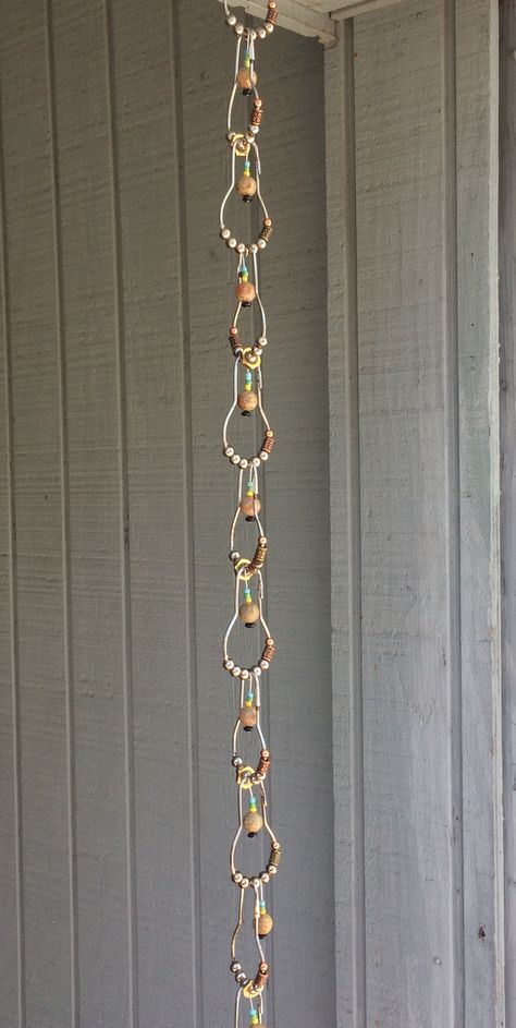 Rain chain I made out of shower curtain hooks. Rain Chain Diy, River Ideas, Carillons Diy, Curtain Holders, Wind Chimes Homemade, Chain Ideas, Wind Chimes Craft, Coastal Crafts, Yard Inspiration