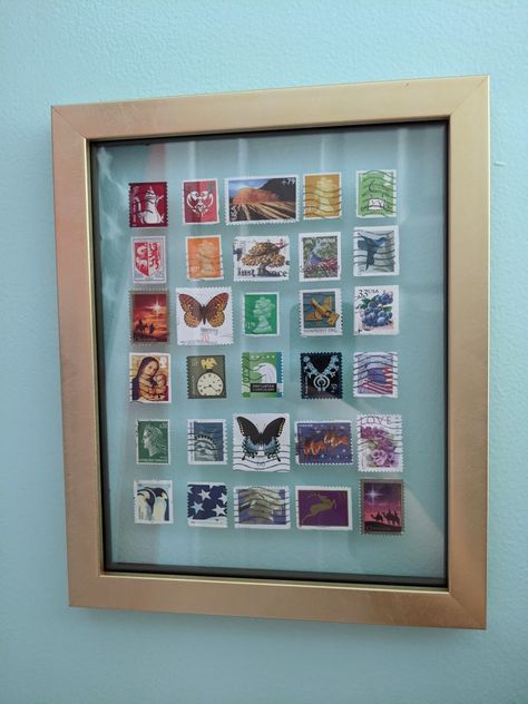 Postage stamps Stamp Display Ideas, Postage Stamp Crafts, Stamps Postage, Framed Stamps, How To Display Postage Stamps, Stamp Collection Display Ideas, Stamp Display, Postal Stamp Art, Book Collection Display