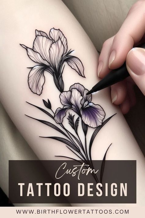 🌼✨Iris Black and White Flower Tattoo – February Birth Flower in Minimal Doodle Style✨🌿 Iris Bouquet Tattoo, Flower Tattoo February, February Birth Flower Tattoo, White Flower Tattoo, Iris Flower Tattoo, Black And White Flower Tattoo, Iris Bouquet, February Birth Flower, February Birth Flowers