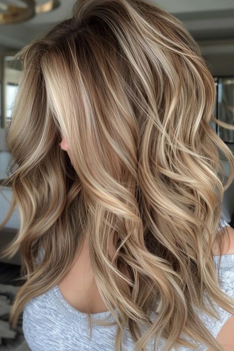 Woman with long, wavy blonde hair with highlights, facing away, in a light indoor setting. Caramel Blonde Hair With Lowlights, Balayage Over Highlights, Fall Womens Hair Color, Fall Brown And Blonde Hair, Blonde Fall Highlights, Balayage With Natural Roots, Blond Hair Highlights And Lowlights, Blond Highlights Balayage, High Lights Low Lights