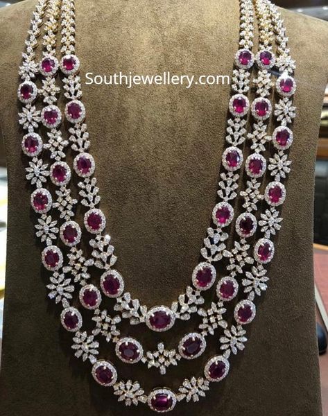 18 carat gold triple layered diamond ruby haram by Mangatrai Pearls And Jewellers, Jubilee Hills at 36. indian diamond ruby haram Ruby Haram, Jewellery 2023, Ruby Diamond Necklace, Diamond Necklace Indian, Gutta Pusalu, Ruby And Diamond Necklace, Neck Pieces Jewelry, Indian Bridal Jewelry Sets, Diamond Necklace Designs