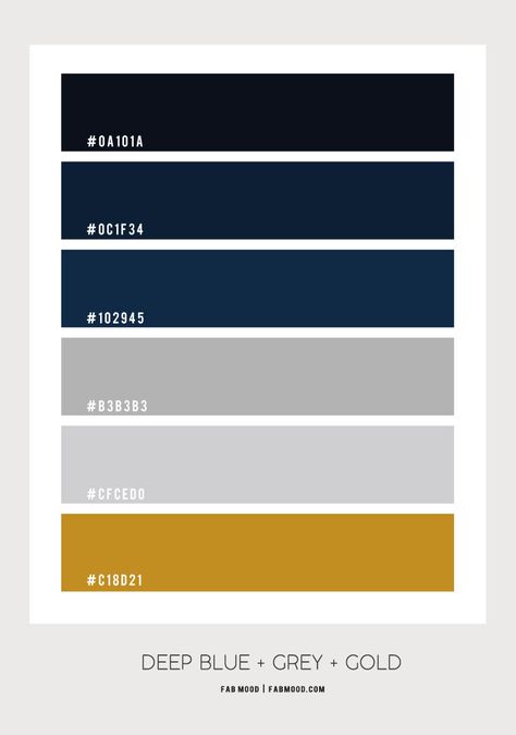 Deep Blue Bathroom Navy Gray Black Color Palette, Black Blue Bathroom Ideas, Navy Gold Grey Color Palette, Navy Blue Grey And Gold Bedroom, Deep Blue And Gold Bedroom, Deep Blue Room Ideas, Navy Gold Color Scheme, Navy Yellow Grey Color Palette, Blue Orange Gray Color Palette