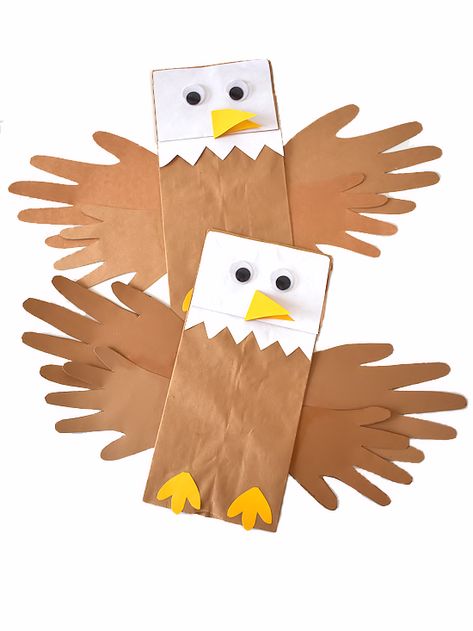 My Country Crafts For Preschoolers, My Country Preschool Theme Crafts, Country Activities For Preschool, Paper Bag Bird Puppet, E Is For Eagle Craft, Easy 1st Grade Crafts, Paper Bag Animal Crafts, Bald Eagle Craft Kindergarten, My Country Theme Preschool Activities