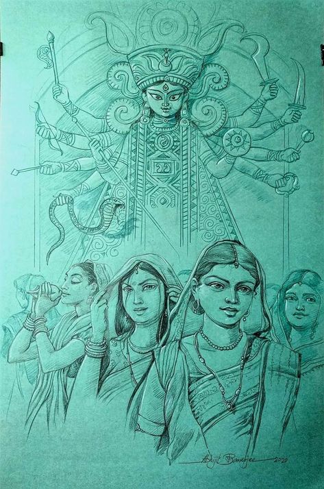 Durga Puja Drawing Ideas, Ma Durga Sketch, Durga Puja Art, Navratri Drawing Sketch, Durga Maa Drawing Pencil, Durga Painting Artworks, Navratri Sketch, Indian Art Paintings Galleries, Navratri Drawing Ideas