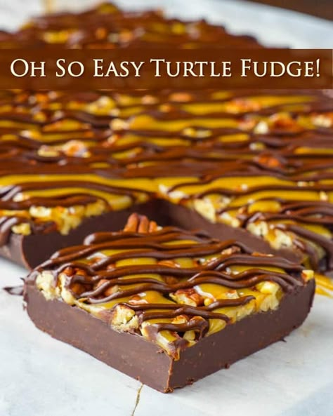 Turtle Fudge. An "Oh So Easy" recipe. A decades old easy and foolproof fudge recipe gets topped by crunchy toasted pecans, melted caramel candy and rich chocolate. Foolproof Fudge, Turtle Fudge Recipe, Turtle Fudge, Melted Caramel, Rock Recipes, Caramel Candy, Fudge Recipe, Fool Proof Recipes, Candy Chocolate