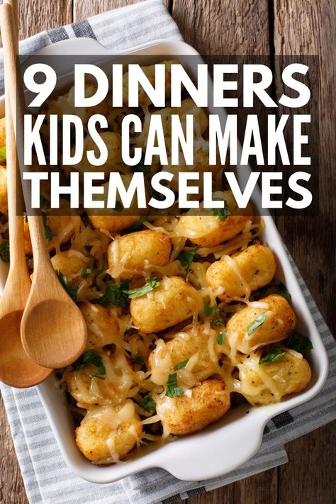 9 Dinners Kids Can Make Themselves | Easy, fun, and healthy, these meal ideas will turn your picky eater into an aspiring chef! Grab some muffin tins and make some cheeseburger cups, learn how to turn hot dogs into nuggets, or enjoy comfort foods like mini lasagnas or 5 minute mac and cheese! Oh, and the tater tots casserole is to die for! #kidsdinners #mealskidscanmake #cookingwithkids #kidsrecipes Easy Fun Dinner Recipes Families, 4h Cooking Project Ideas, Easy Dinners Kids Can Make, Meals For Kids Picky, Dinner Recipes For Kids To Make, Meals For Kids To Cook, Easy Kid Dinners Picky Eaters, Fun Kid Dinner Ideas, Dinner Kids Can Make