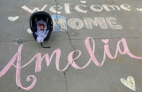 Newborn baby’s first day home Welcome Home Chalk Art, Sidewalk Chalk Art, Sidewalk Chalk, Welcome Baby, Chalk Art, Welcome Home, First Day, Newborn Baby, Chalk