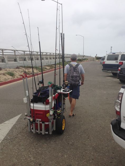 Surf Fishing Gear - Never Be Out Gunned!~ Socalsurfrats.com Beach Fishing Cart, Bass Fishing Videos, Saltwater Fishing Gear, Fishing Cart, Crappie Fishing Tips, Fishing 101, Fishing Photos, Salt Water Fishing, Surf Fishing