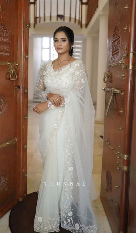 Pentacostal Weddings, White Lace Saree, Baptism Saree, White Bridal Saree, Asian Bridal Hair, Christian Bridal Saree, Soft Launch, Net Blouse, Sarees For Girls