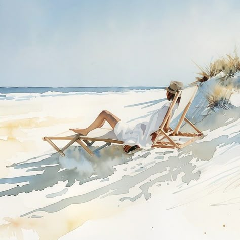 Embrace the serene beauty of our watercolour painting, featuring a woman sunbathing on a deckchair by the beach. With muted pastel hues, this wide shot captures the tranquil sand dunes under a clear sky, offering a perfect escape to relaxation and calm. Add this peaceful scene to your space and let its soothing charm transform your home. #WatercolorArt #BeachLife #Relaxation #PastelColors #ArtForHome #TranquilMoments #CalmAndSerene Watercolour Beach Scenes, Beach Watercolor Art, Beach Scenes Photography, Letting Go Painting, Watercolor Beach Scenes, Colorful Reference, Woman Sunbathing, Relax Lifestyle, Watercolor Beginner