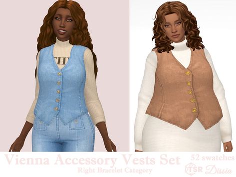 Accessory denim vest with gold buttons in jeans or other colors Found in TSR Category 'Sims 4 Clothing sets' Sims 4 Vest Accessory, Sims 4 Cc Waistcoat, Sims 4 Cc Vest, Sims 4 Vest, Cottage Ranch, Sims 4 Decades Challenge, Clothes Cc, Cc Sims4, Womens Waistcoat