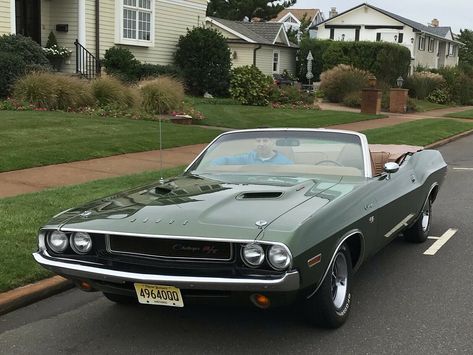 Green On Tan Car, Dodge Challenger Vintage, Dark Green Vintage Car, Dodge Challenger 1970 R/t, Dodge Challenger Convertible, Vintage Dodge Challenger, Green Muscle Car, 1970 Dodge Charger R/t, Old Dodge Challenger