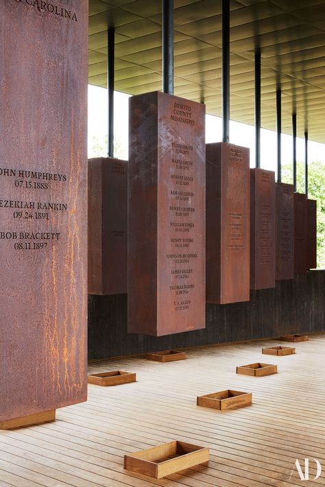 Confronting The Past: The New National Memorial For Peace And Justice | Architectural Digest Memorial Architecture, Tombstone Designs, Alabama A, Wayfinding Signage Design, Donor Recognition, Military Museum, Montgomery Alabama, Racial Injustice, Memorial Museum