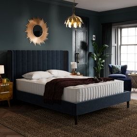 I love this bedroom colour - with some blues and golds. Navy Bed Frame, Navy Bed, Bedroom Inspiration Cozy, Bedroom Inspirations Master, Velvet Bed Frame, Best Bedroom Designs, Upholstery Bed, Slatted Headboard, Master Decor