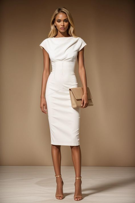 Women’s Work Dresses, Informal Balance Dress, Minimalist Elegant Outfit, Elegant Fitted Midi Dress With Structured Boning, Elegant White Dress With Flattering Silhouette, Elegant Fitted Bodycon Wedding Dress, Elegant Midi Dress With Structured Shoulders For Wedding, Elegant Structured Fitted Dress, Elegant Fitted Structured Dress