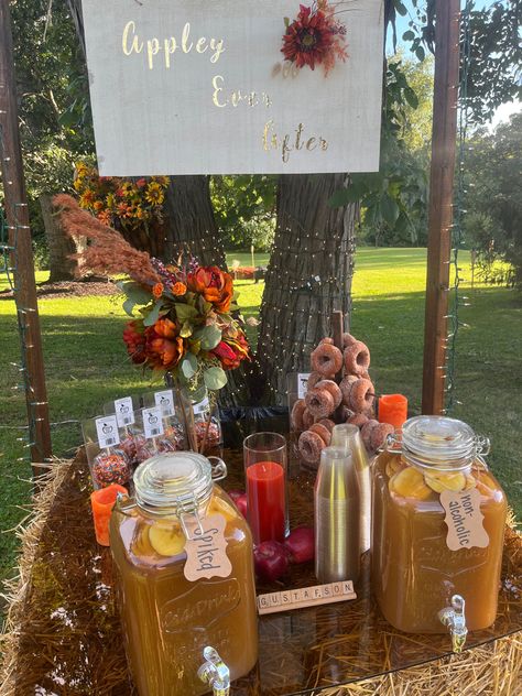 Cider Bar For Wedding, Donuts And Cider Wedding, Apple Themed Engagement Party, Wedding Cider Bar, Apple Cider Wedding Bar, Apple Cider Mimosa Bar, Apple Cider And Donut Bar, Apple Cider Table, Cider And Donut Bar Wedding