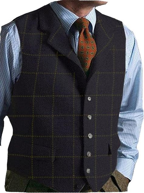 Mens Casual Plaid Suit Vest Tweed Slim Fit Waistcoat for Wedding Groomsmen at Amazon Men’s Clothing store Casual Suit Vest, Mens Vest Fashion, Mens Casual Suits, Wool Waistcoat, Man Wedding, Tweed Vest, Mens Suit Vest, Slim Fit Tuxedo, Green Vest