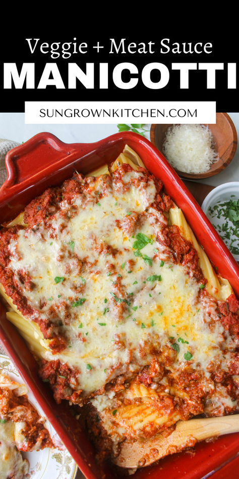 Extra Veggie Manicotti with Meat Sauce Stuffed Manicotti Recipe Ricotta And Meat, Manicotti With Cottage Cheese, Stuffed Manicotti Recipe Ricotta, Manicotti Recipe Beef, Manicotti With Meat Sauce, Manicotti With Meat, Cheesy Stuffed Pasta, Stuffed Manicotti Recipe, Meat Manicotti