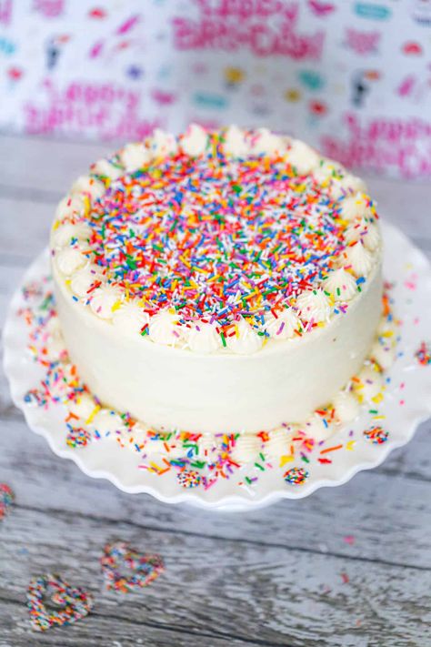 It's always a celebration when the Rainbow Sprinkle Cake comes to the party!  This layered vanilla cake is light, fluffy, and melt-in-your-mouth yummy with lots of fun, vibrant multi-colored sprinkles, paired with the best vanilla frosting with even MORE sprinkles on top! No celebration is complete without a funfetti layer cake! #funfetti #cakewithsprinkles #sprinkles #birthdaycake #sprinklecake #rainbowcake #rainbowsprinkle #sprinkledessert Colorful Birthday Cake Ideas, Rainbow Confetti Cake, White Cake With Sprinkles, Birthday Cake With Sprinkles, White Sprinkle Cake, Rainbow Sprinkle Cake, Plain White Cake With Sprinkles, Simple Sprinkle Birthday Cake, Two Tier Sprinkle Cake