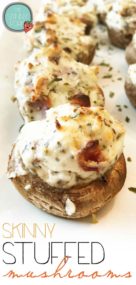 Need a hot appetizer for an upcoming holiday get together? #Ad Check out these Skinny Stuffed Mushrooms! Lightened up cream cheese stuffed mushrooms which are loaded with cheese, bacon, and plenty of goodness! Perfect for entertaining! #MyCalphalonKitchen TheSkinnyFork. | Skinny & Healthy Recipes Cream Cheese Stuffed Mushrooms, Healthy Stuffed Mushrooms, Mushroom Appetizers, Cheese Stuffed Mushrooms, Small Appetizers, Hot Appetizers, Stuffed Mushroom, Healthy Appetizer Recipes, Cheese Stuffed