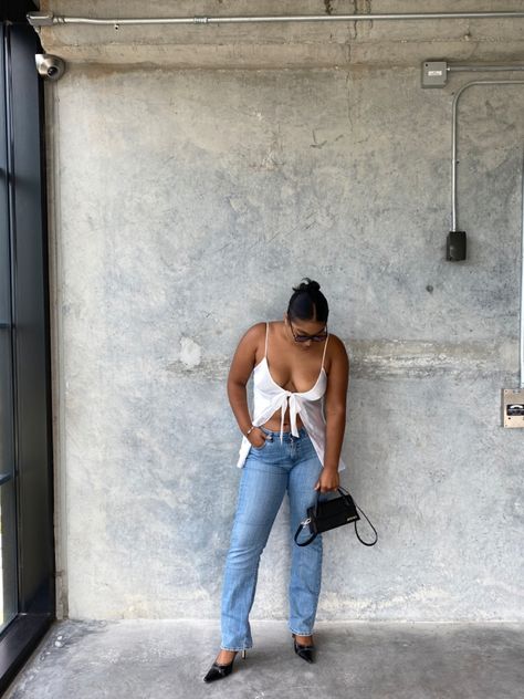 White top outfit, slip top outfit, mid rise jeans , fall fashion inspo, prefall fashion, point toe heels, kitten heels outfit, black purse outfit, y2k inspo, blue jeans , thrifted fashion, silk top outfit Slip Top Outfit, Black Purse Outfit, Silk Top Outfit, Pointed Heels Outfit, White Top Outfit, Kitten Heels Outfit, Point Toe Heels, White Tops Outfit, Y2k Inspo