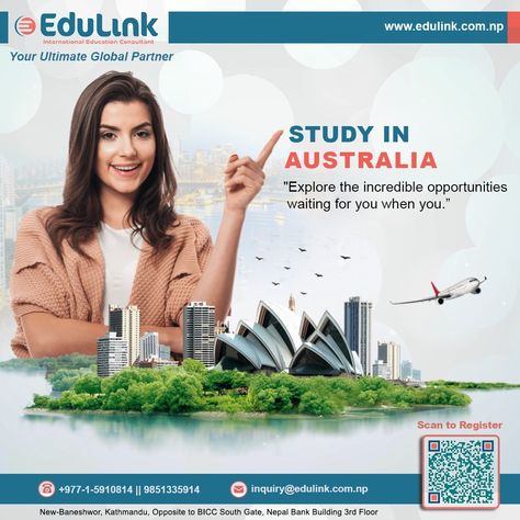 "Discover the endless academic and cultural adventures that await you when you [Study in Australia] 🇦🇺! Immerse yourself in a vibrant, welcoming country filled with unique opportunities to grow both personally and professionally." For more details : 🏢 Edulink International Education Consultant 🚘 New Baneshwor, Opposite BICC South Gate, Nepal Bank Building 3rd Floor ☎️ 01-5910814, 9851335914 📧 inquiry@edulink.com.np 🖱️ www.edulink.com.np #Your_Ultimate_Global_Partner #edulinkfamily #StudyAbroa... Education Consultancy Poster, Study In Australia Creative Ads, Immigration Creative Ads, Study Abroad Creative Ads, Social Media Creative Ads, Study Abroad Travel, Social Media Creative, Abroad Study, Study In Australia