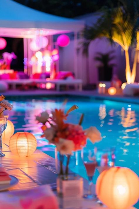 Pool Party - Sparkling Sweet 16 Ideas to Splash In Swimming Pool Party Ideas Decor, Sweet 16 Pool Party Ideas Themes, Pool Party Sweet 16, Sweet 16 Pool Party Ideas, Water Themed Party, Fancy Pool Party, Sweet 16 Pool Party, Girly Pool Party, Sweet 16 Pool Parties