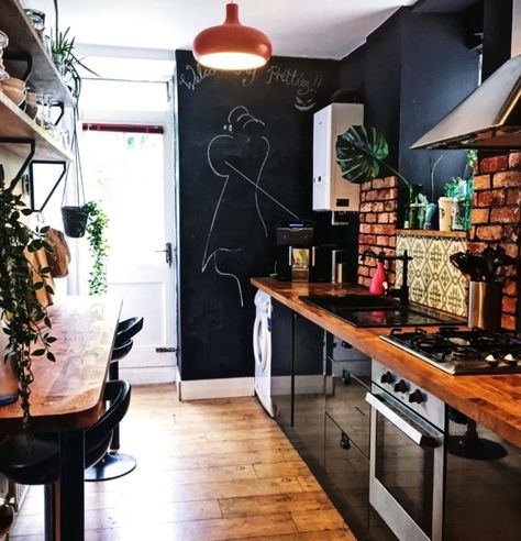 Black and Light Wood Combo.  it. Rich but yet contemporary small kitchen. - Photo by Apartment Therapy on July 01 2020. #regram via @homedecorpossibilities Our Thx to Apartment Therapy for the original post. We love and share it with those looking for HD ideas. Chalkboard Paint Kitchen, Black Walls Kitchen, White Tile Backsplash, Student Room, Freestanding Kitchen, Boho Kitchen, Kitchen Reno, House Kitchen, Black Kitchens