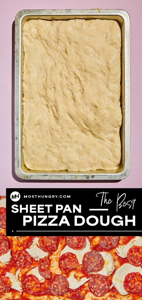 The Best Sheet Pan Pizza Dough Recipe Olive Oil Pizza Dough, Airy Pizza Dough Recipe, Pan Pizza Dough Recipe, Sheet Pan Pizza Dough, Pan Pizza Dough, Overnight Pizza Dough, Eggplant Dip Recipes, Sheet Pizza, Sheet Pan Pizza