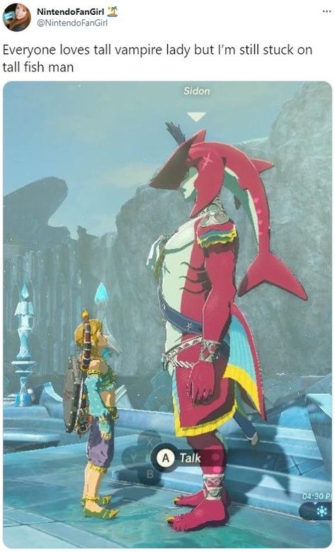 Whose vampire lady? Sidon Zelda, Link X Sidon, Sidon X Link, Prince Sidon, Vampire Lady, Botw Zelda, Zelda Funny, Legend Of Zelda Memes, Zelda Botw