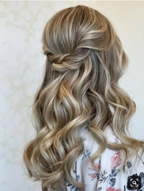 Half Up Half Down Wedding Hair Big Curls, Textured Bridal Hair Half Up, Bridal Hair Half Up Side Part, Bridesmaid Hairdo Half Up, Half Up Half Down Wedding Hair Classy, Bridesmaid Hair Inspo Half Up Half Down, Loose Curls Half Up Half Down, Twist Half Up Half Down, Volume Half Up Half Down