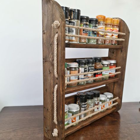 Rustic Spice Rack Ideas, Home Cleaning Equipment, Spice Rack Wall, Spice Rack Ideas, Wall Storage Diy, Shelf Spice Rack, Wall Mounted Kitchen Storage, Diy Spice Rack, Farmhouse Kitchen Inspiration