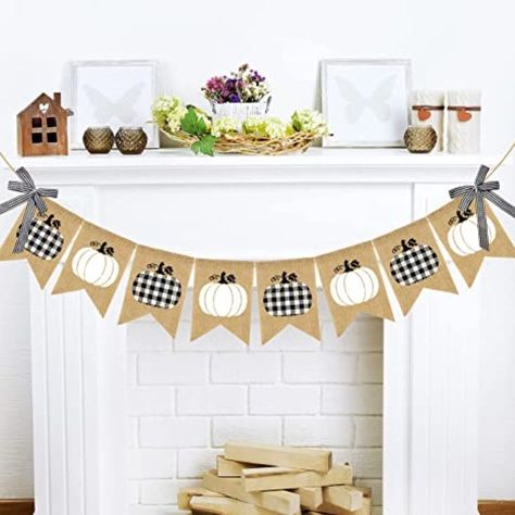 Autumn is the harvest season, this banner is cute with black and white buffalo check pumpkin and white pumpkin printing on it. Best home decoration for Thanksgiving party and photo, perfect fit with harvest festive sessions! great for the rustic farmhouse little red truck theme. Two different pumpkin designs, add a unforgettable scene to the party, which is great happy harvest party decorations to welcome your families and friends; Can be utilized as a perfect décor at happy fall party, pumpkin Thanksgiving Fireplace, Harvest Party Decorations, Decoration For Thanksgiving, Fireplace Farmhouse, Mantel Fireplace, Fall Party Themes, Plaid Pumpkin, Burlap Flag, Pumpkin Garland