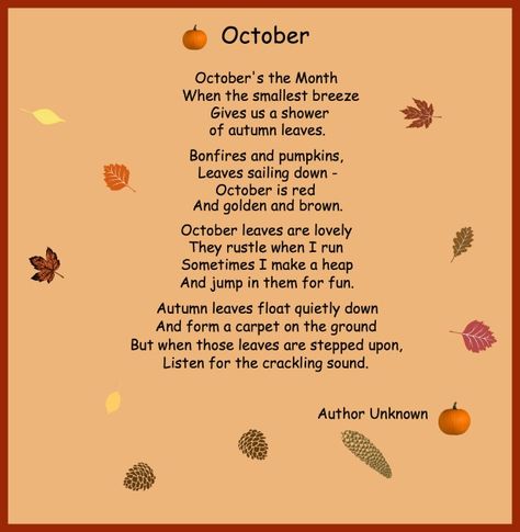 October Poem, New Month Wishes, Poems About School, Reading Poetry, Mums In Pumpkins, Autumn Poems, October Quotes, Tv Series To Watch, Kindergarten Learning Activities