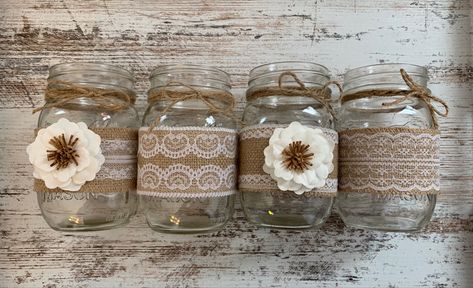 Pint Size Burlap and Lace Mason Jar Sleeves, perfect addition to any rustic wedding or bridal shower. Wedding Mason Jar Centerpieces, Centerpieces Rustic, Bridal Shower Decorations Rustic, Lace Mason Jars, Wedding Centerpieces Mason Jars, Burlap Mason Jars, Jar Centerpieces, Bridal Shower Tables, Burlap And Lace