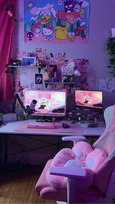 Pc Gaming Setup Hello Kitty, Sanrio Pc Setup, Hello Kitty Setup, Hello Kitty Office, Pink Setup, Gaming Studio, Hello Kitty House, Computer Set, Hello Kitty Rooms