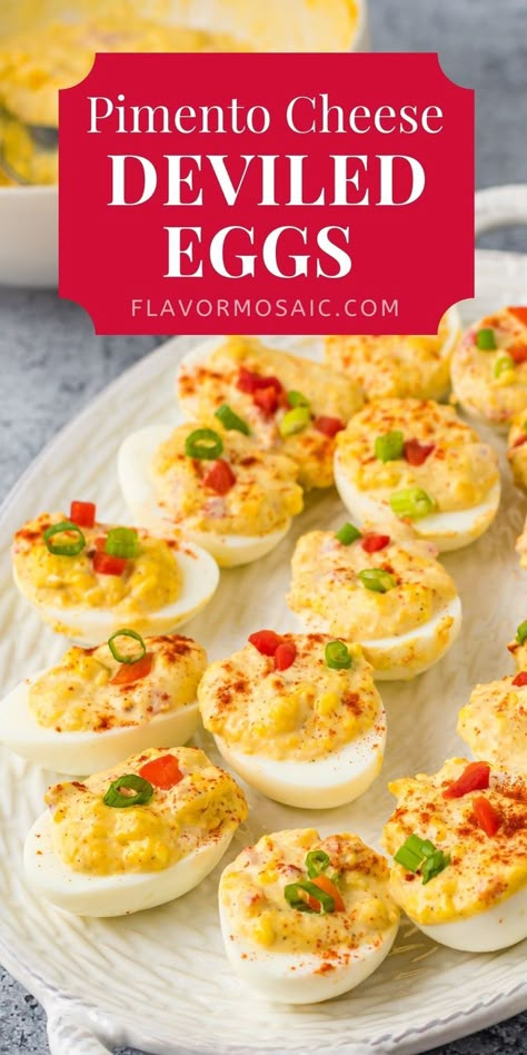 White platter of over a dozen pimento cheese deviled eggs topped with red pimentos and green chopped onions. Pimento Cheese Deviled Eggs, The Best Deviled Eggs, Devilled Eggs Recipe Best, Devilled Eggs, Pimento Cheese Recipes, Best Deviled Eggs, Deviled Eggs Easy, Food Decorating, The Cookie Rookie