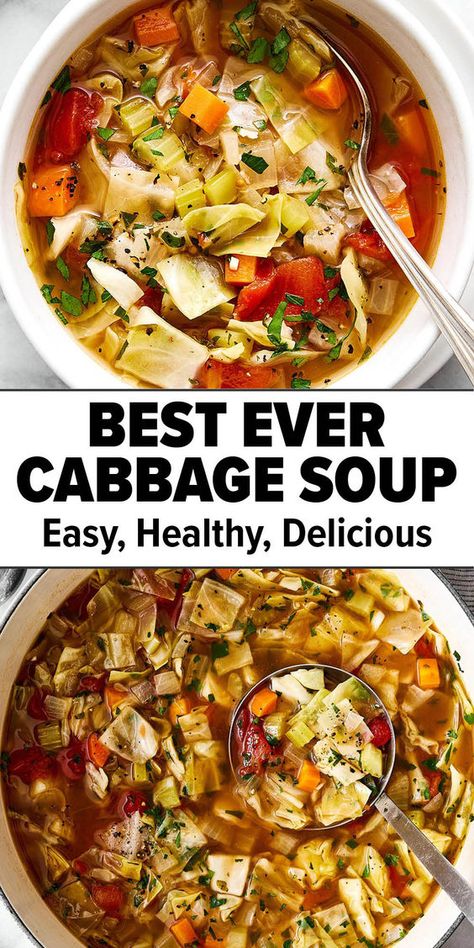 This cabbage soup recipe is just what you need for the fall soup season. It's light and simple, but extra comforting and delicious. You could also add shredded chicken, ground beef, sausage, and more to make it heartier. Plus, it's a healthy, low-calorie meal that can be adjusted for a cabbage soup diet. Save this recipe for healthy soup inspiration and click the link for the full recipe. Make sure to post your photo if you make it — I love to see it! #cabbagesoup #souprecipes #fallsoups Cabbage Borscht Soup Recipe, Ww Cabbage Soup Recipe, Cabbage Patch Soup Recipe, Sausage Soup Recipes Healthy, Cabbage Soup Diet Recipe 10 Pounds, Best Cabbage Soup, Ham And Cabbage Soup, Beef Cabbage Soup, Easy Cabbage Soup