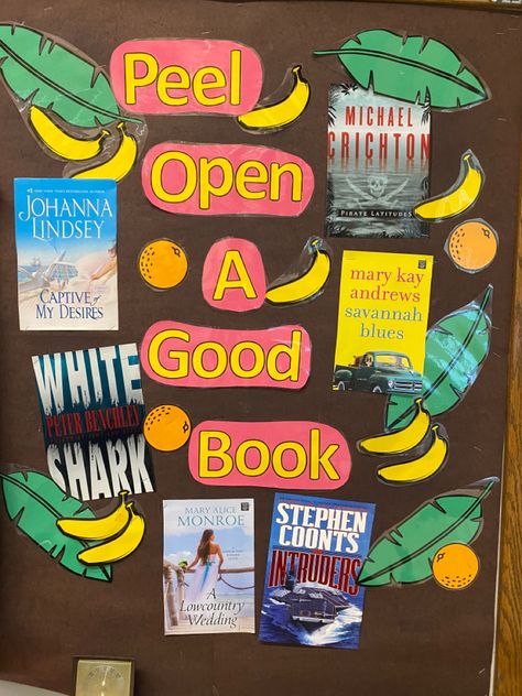 Library display ideas, peel open a good book, summer reading, monthly book displays, book themes Library Bulletin Board, Library Book Displays, Library Bulletin Boards, Library Display, Smart Cookie, White Books, Library Displays, The Desk, Book Display