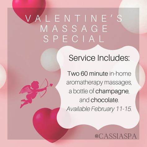 Pink, red and white graphic promoting massage special with Cupid and hearts Valentine Massage, Valentine Promotion, Valentine Day Massage, Spa Things, Massage Therapy Business Cards, Champagne And Chocolate, Massage Marketing, Holistic Massage, Esthetician School