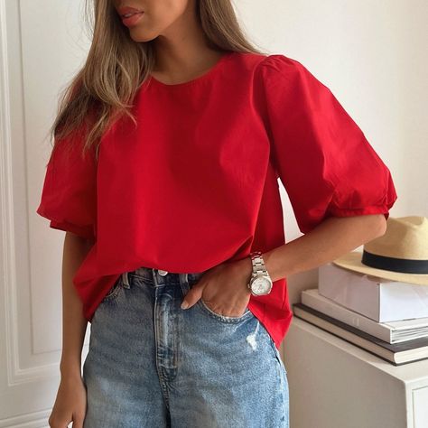 Turn heads in red 🍓 Our puff-sleeve blouse adds a bold touch to your summer wardrobe! #depecheeu #red #redalert #redblouse #outfitinspo #trendingnow Red Puff Sleeve Top Outfit, Puffy Top Outfit, Puff Sleeve Top Outfit, Puff Blouse, Throwing Fits, Puff Sleeve Blouse, Puff Sleeve Top, Sleeves (women), Red Blouses