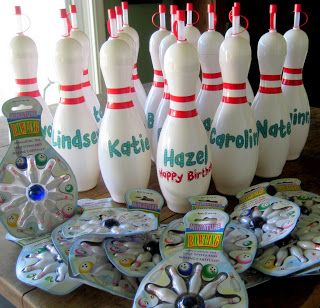 Bowling Party : Bowling pin drink cups with each name, and cute mini bowling sets as favors Bowling Party Centerpieces, Bowling Party Cupcake Ideas, 5th Birthday Bowling Party, Bowling Favors, Bowling Birthday Party Favors, Kids Bowling Party, Bowling Party Favors, Personalized Party Gifts, Kids Bowling