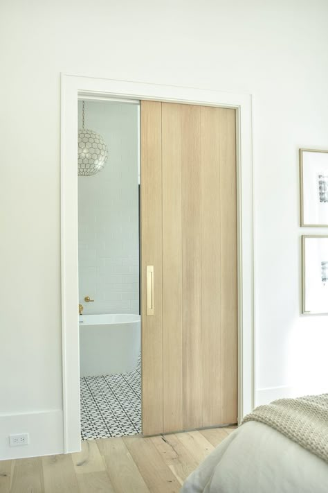 Door From Bedroom To Bathroom, French Barn Doors Interior Bathroom, Door To Bathroom From Bedroom, Bath Doors Ideas, Pocket Door To Bathroom, Master Bath Door Ideas, Modern Pocket Doors Bathroom, Door Bathroom Ideas, Sliding Door For Bathroom