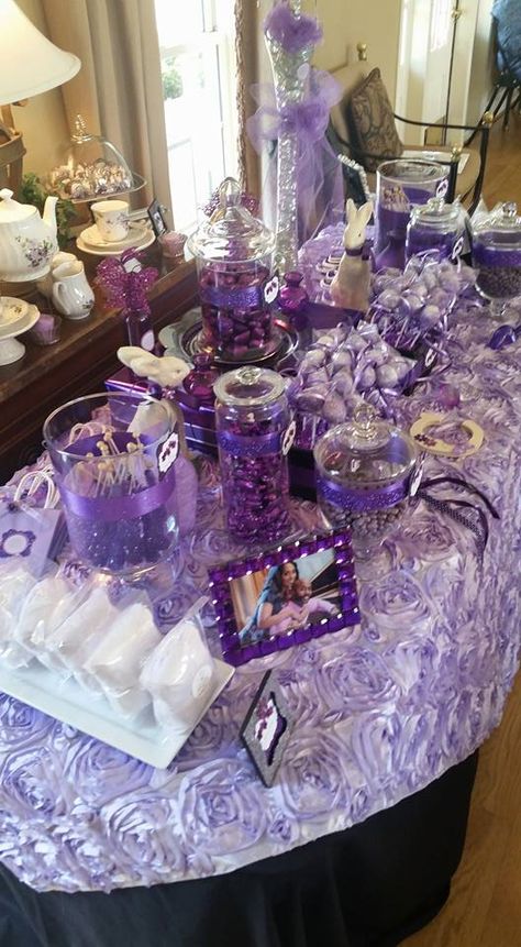 purple candy table Purple Heels Wedding, Purple Candy Table, Purple Candy Bar, Purple Dessert Tables, Sweets Table Ideas, Purple Desserts, Super Sweet 16, Purple Birthday Party, Purple Food