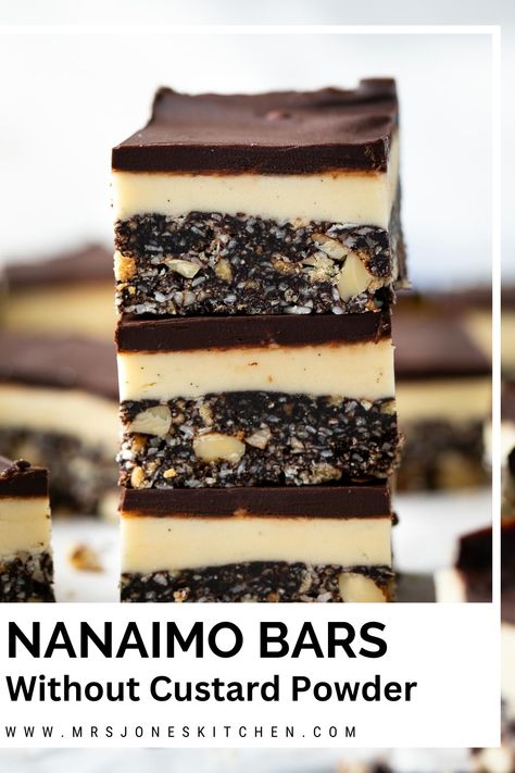 Nanaimo Bars Nanaimo Bars Without Custard Powder, Naniamo Bars, Nanimo Bars, 2023 Desserts, Nanaimo Bars Recipe, Custard Powder Recipes, Nanaimo Bar, How To Make Custard, Nanaimo Bar Recipe