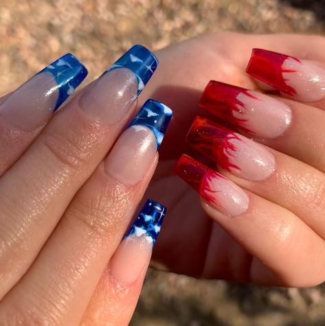 Fire And Ice Nail Designs, Blue Red Nails Art Designs, Red And Blue Flame Nails, Red And Blue Nail Designs, Red Blue Nail Designs, Nails Red And Blue, Red And Blue Nail Ideas, Red N Blue Nails, Red And Blue Nails Acrylic