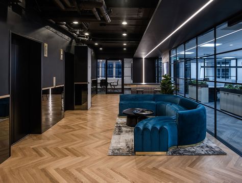 Grand Office, Dark Office, Office Fitout, Timber Planks, Engineered Timber Flooring, White Wood Floors, Minimalist Sofa, Real Estate Office, Modern Office Design