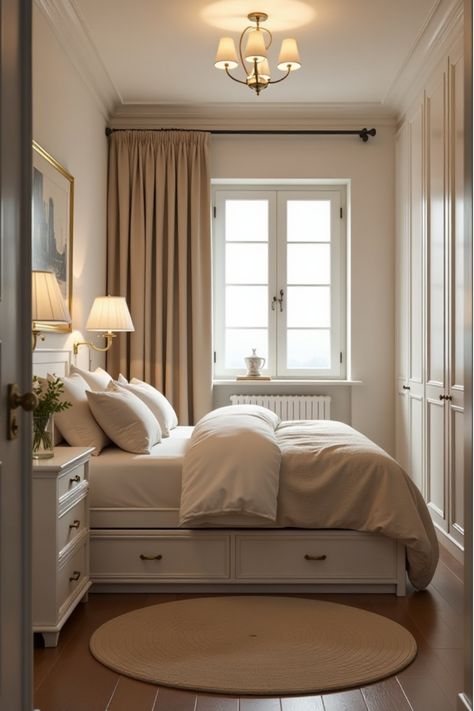 Compact bedroom utilizing vertical space with tall furniture Small Bedroom With Large Mirror, Small Deck Off Bedroom, Small Bedroom Design Aesthetic, Guest Bedroom Small Space, Tiny Bedroom Wardrobe Ideas, Small City Apartment Bedroom, Tiny Primary Bedroom, Bed In Small Space, Small Room Queen Bed Layout